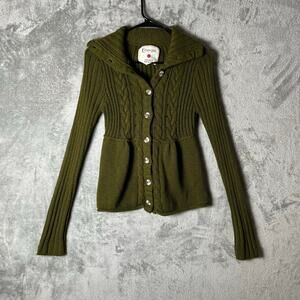 Vintage Y2K Green Cable Knit Button Babydoll Cardigan Sweater Medium Fitted‎